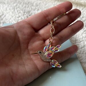 Iridescent Crystal Hummingbird Keychain - Gold Tone